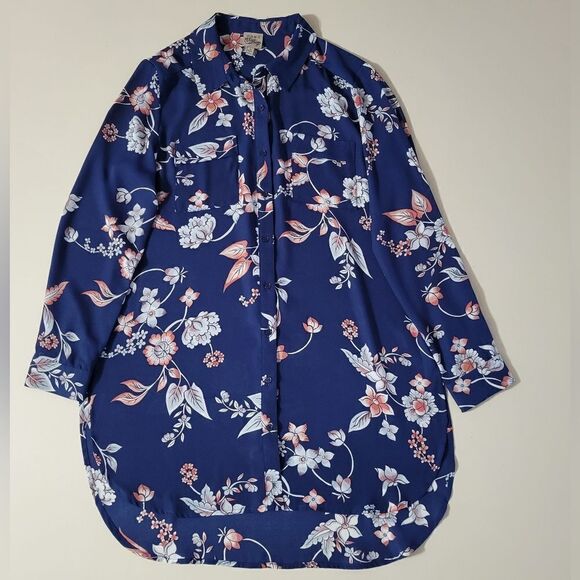 Como Vintage Women's Navy Floral Long Button-Down Polyester Blouse - Picture 1 of 14